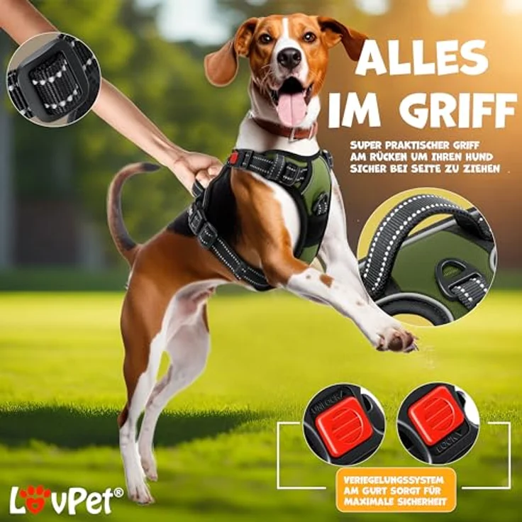 Lovpet LOVPET® Hundegeschirr No-Pull, atmungsaktiv & reflektierend, verstellbar mit Griff, Khaki - XL, inkl. Beutelrollen – Bild 4