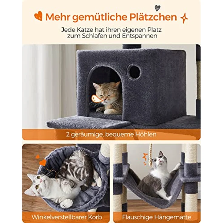 Feandrea Kratzbaum groß, 206 cm hoch, XXL Katzenbaum, mit 13 Kratzsäulen, 2 Plattformen, 2 Höhlen, Korb, Hängematte, Plüschbälle, mehrstöckiger Katzenkratzbaum, rauchgrau PCT190G01 – Bild 4