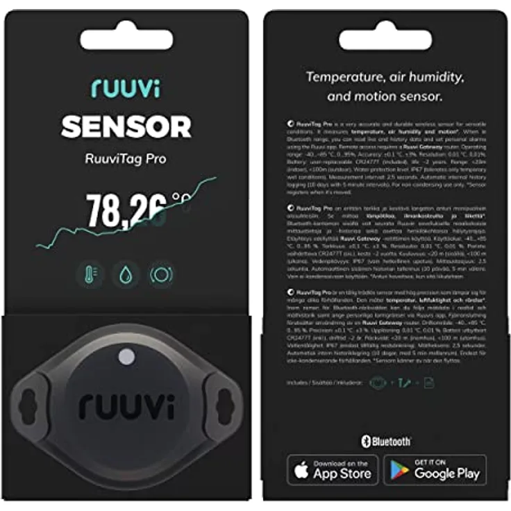 Ruuvi RuuviTag Pro Bluetooth Umwelt Sensor, IP67 3-in-1 Thermometer + Hygrometer, schwarz