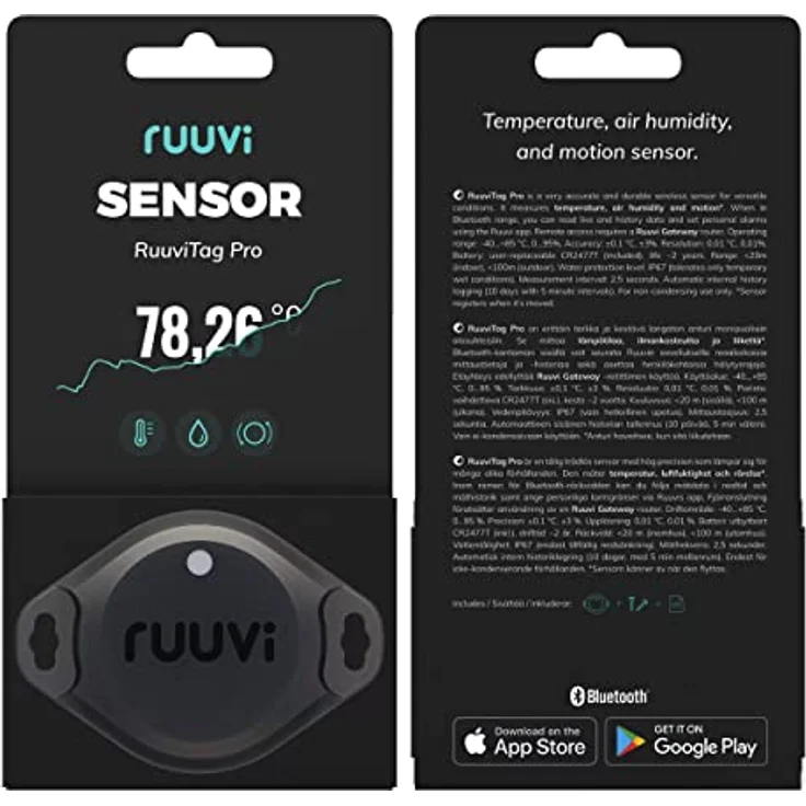Ruuvi RuuviTag Pro Bluetooth Umwelt Sensor, IP67 3-in-1 Thermometer + Hygrometer, schwarz – Bild 1