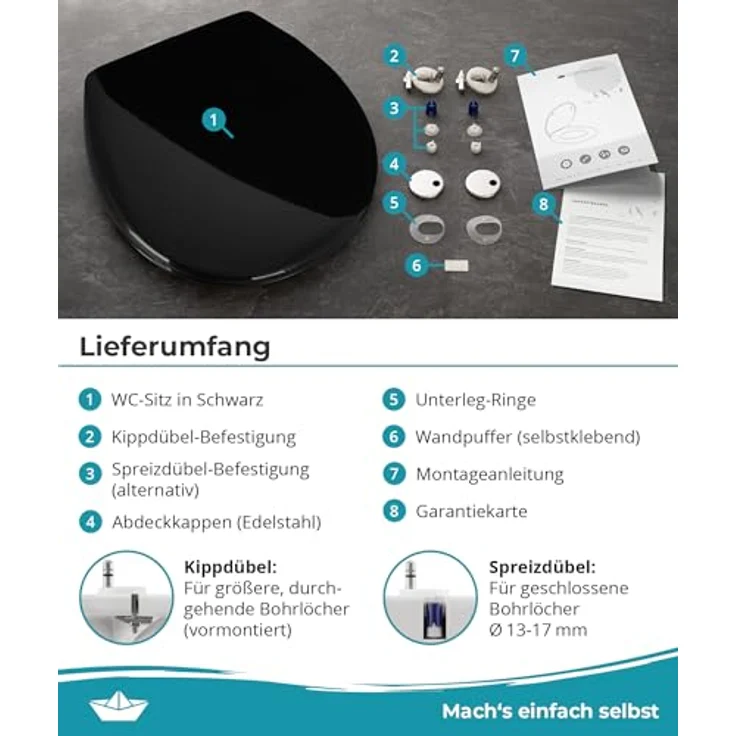 Calmwaters WC Sitz Premium Schwarz, Duroplast mit Absenkautomatik, antibakteriell, bis 250 kg belastbar, abnehmbar, 26LP6149 – Bild 8