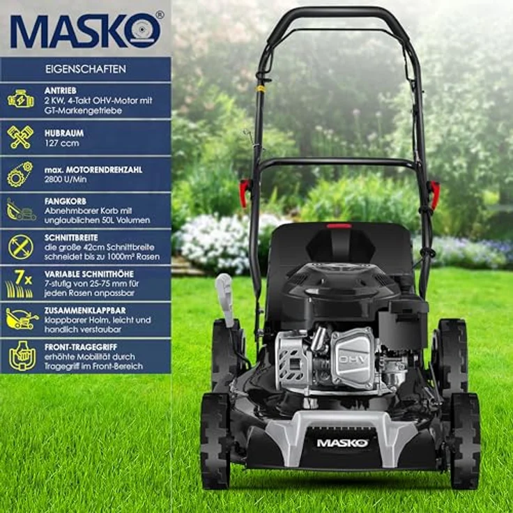 MASKO® Benzin Rasenmäher 5in1 mit Radantrieb, EasyClean Funktion, Mulch- und Seitenauswurf, 55 cm Schnittbreite, 8-fache Schnitthöhenverstellung, 4-Takt Motor, inkl. Fangkorb – Bild 2