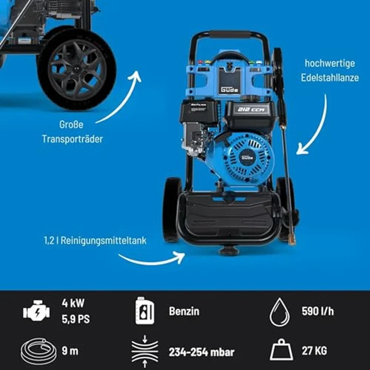 Güde Fuel 250 Benzin-Hochdruckreiniger 234 bar, 5,9 PS, mobil, 9 m Schlauch, Düsen-Set, für Baustelle & Landwirtschaft – Bild 3