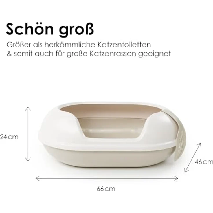 LucyBalu® Arena Katzenklo mit hohem Rand | große hop-in Katzentoilette geruchsfrei | modernes Design Katzenklo mit Einstieg von Oben | offenes XXL Katzen WC | inkl. Streuschaufel | Taupe/weiß – Bild 4