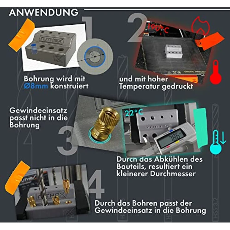 ruthex HSS Bohrerset für Gewindeeinsätze, M2-M6 & 1/4", geeignet für Kunststoff, PLA, PETG, 5 Teile mit 3,2 - 8 mm Ø – Bild 4