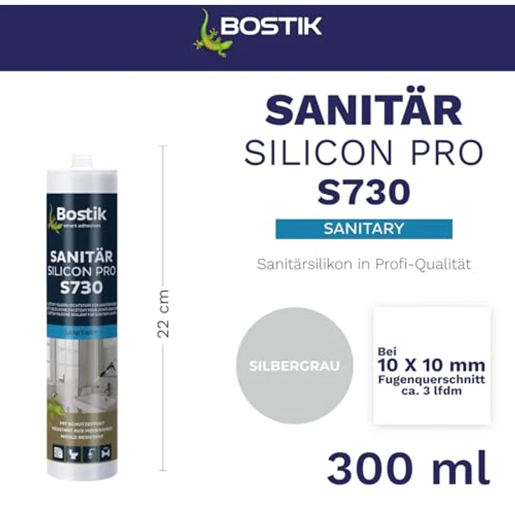 BOSTIK S730 Sanitär Silikon Pro, geruchloses und elastisches Silbergrau, 300ml für Fugenabdichtung – Bild 2