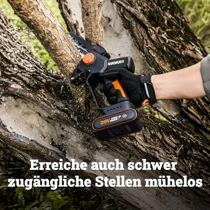 Worx WG327E 20 V Akku-Mini-Kettensäge mit bürstenlosem Motor, automatischer Kettenschmierung und werkzeuglosem Kettenwechsel – Bild 5