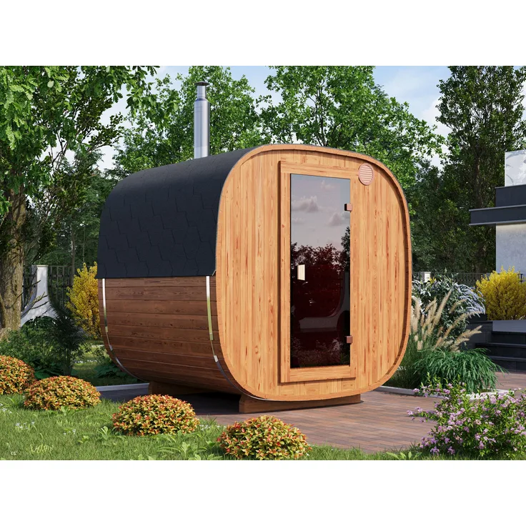 Fjordholz Fass-Sauna Modell Quadro 200 cm, Kubische Innensauna aus nordischem Fichtenholz, für bis zu 4 Personen, Dachschindeln schwarz, optional mit Thermoholz und Saunaofen