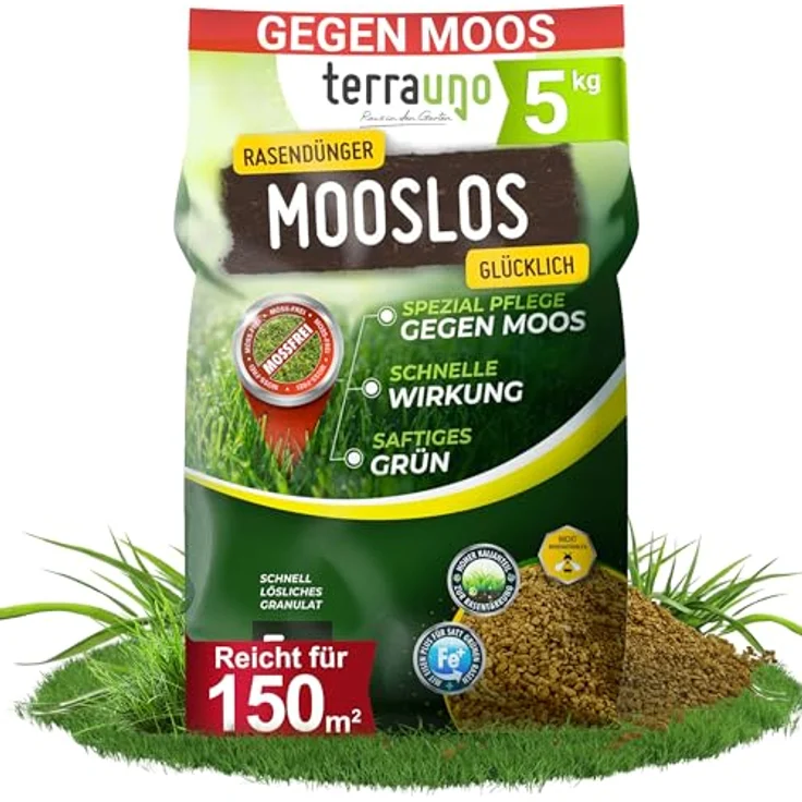 TerraUno Mooslos Glücklich Rasendünger, 5 kg Eisendünger gegen Moos für 150 m², extrafeines Granulat, intensives Grün in 3 Tagen – Bild 1