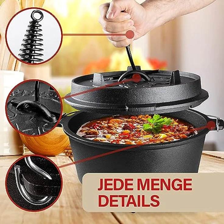 LAVUR BBQ Feuertopf 7,5 L Dutch Oven, Eingebrannter Gusseisentopf für Kochen, Braten & Grillen, Ideal für Camping, Inkl. Deckelheber, Tragetasche & 2in1 Gusseisendeckel – Bild 3