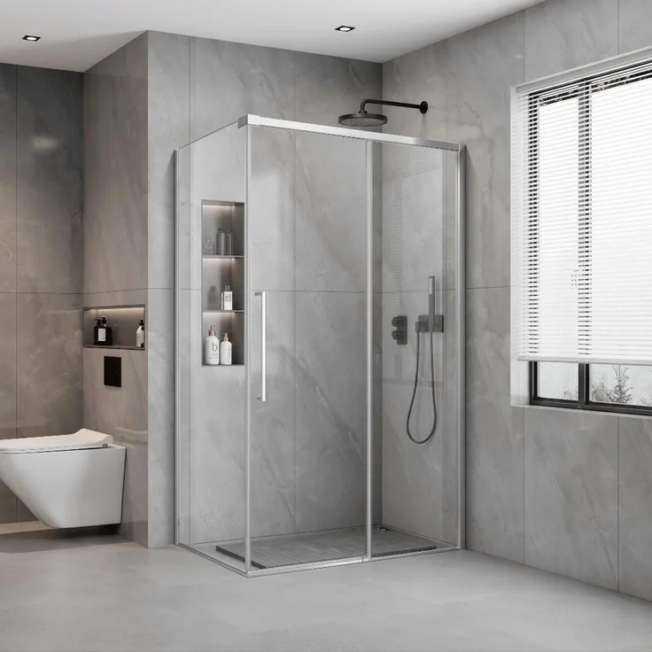 STANO Duschabtrennung EINDHOVEN CUADRA, Schwenktür mit festem Seitenteil, 8 mm ESG Glas, Chrom, Höhe 200 cm, Soft-Opening und -Closing
