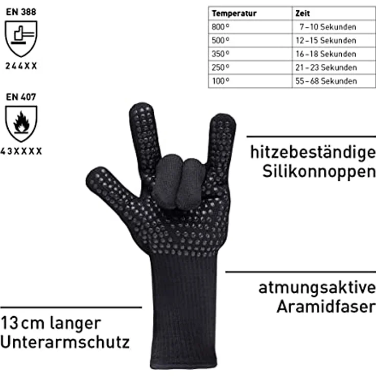 höfats Grillhandschuhe - bis 800°C Hitzebeständiger Feuerhandschuh aus Aramidfaser, rutschfeste Silikonnoppen, EN 407 und EN 388 zertifiziert – Bild 2