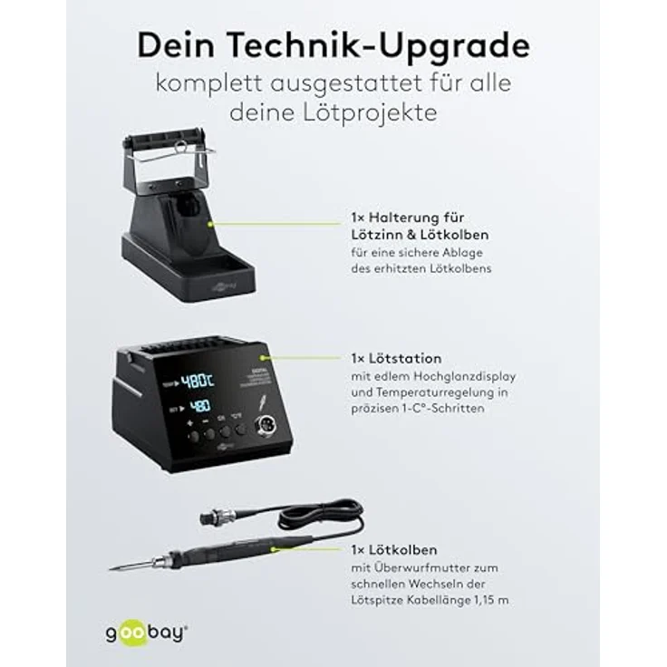goobay Digitale Lötstation 70W, 160–480°C, heizt in 8 Sek., LED-Anzeige, Speicherfunktion, inkl. Lötkolben & Zubehör, 78624 – Bild 4