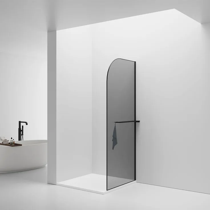 BELVIT Walk In begehbare Dusche 100x200cm, Klarglas mit mattschwarz abgerundeten Aluminiumprofil und Handtuchhalter