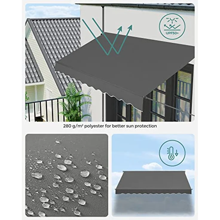 SONGMICS Klemmmarkise, 350 x 130 cm, Balkonmarkise, höhenverstellbar, mit Handkurbel, Sonnenschutz, für Balkon, Terrasse, Garten, anthrazit GSA353G02 – Bild 4