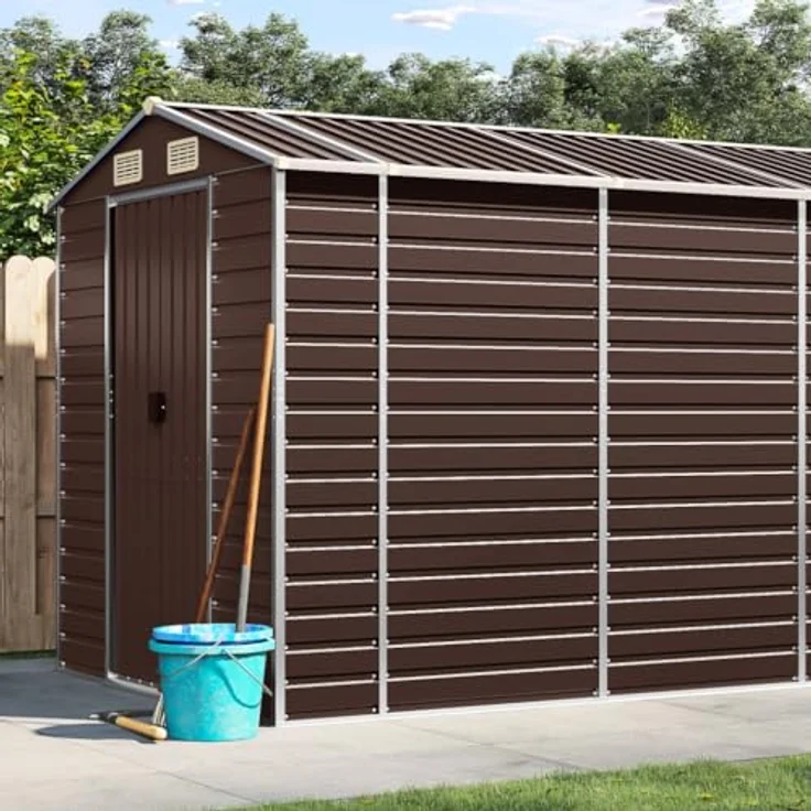 vidaXL Gerätehaus, Gartenhaus mit Schrägdach Griffe, Gartenschuppen Schuppen mit Stauraum, Geräteschuppen Metallschuppen, Braun 191x555x198 cm Verzinkter Stahl – Bild 2