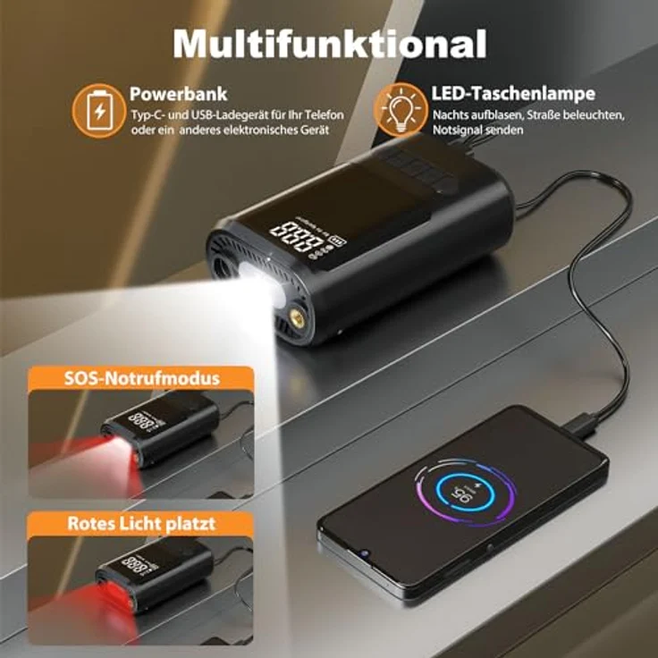 ZORUMAN 6000mAh Mini Tragbare Elektronische Luftpumpe, 150 PSI, Akku mit Digitalanzeige, Notbeleuchtung, für Auto, Motorrad, Fahrräder, Bälle – Bild 3