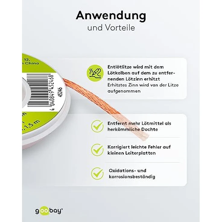 Goobay 45245 Entlötlitze 1mm reines Kupfer Entlötdraht zur Lötzinn Entfernung an Lötstellen Entlöten ideale Wärmeleitfähigkeit Lötlitze 1,5 m Spule – Bild 5