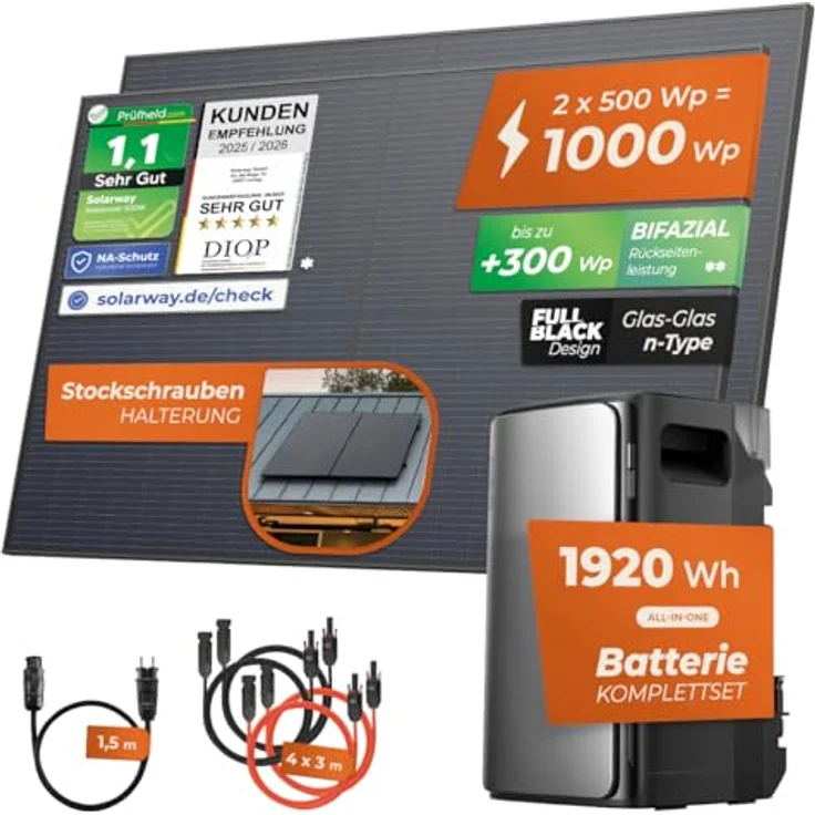 Solarway® 1000Wp / 800W Balkonkraftwerk mit 1,9kWh EcoFlow Stream Max Speicher, 2 x 500W BLACK bifaziale Solarmodule, Komplettset mit Zubehör – Bild 2