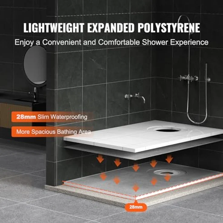 VEVOR Duschrand-Set, 1524 x 965 x 28 mm, wasserdichte Duschwanne mit 16,5 cm versetztem Abfluss und leichtem EPS-Material, inkl. 2 wasserdichten Tüchern – Bild 3