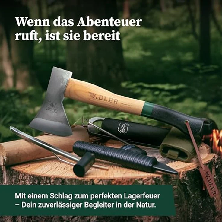 Adler Rheinlandbeil inkl. Lederschutz: Geschmiedetes Holzbeil aus C60-Stahl, Anti-Rutsch Outdoor-Beil, Grün/schwarz, 600 g – Bild 3