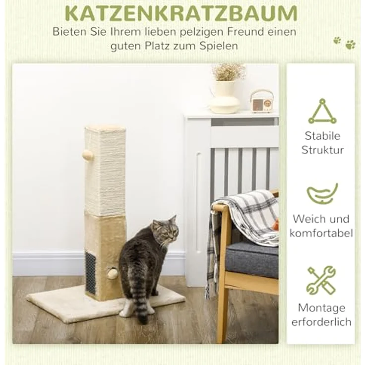 PawHut Kratzstamm, 79cm Kratzsäule mit Fellbürsten, Jute-Katzenkratzbaum mit Spielball, Beige – Bild 3