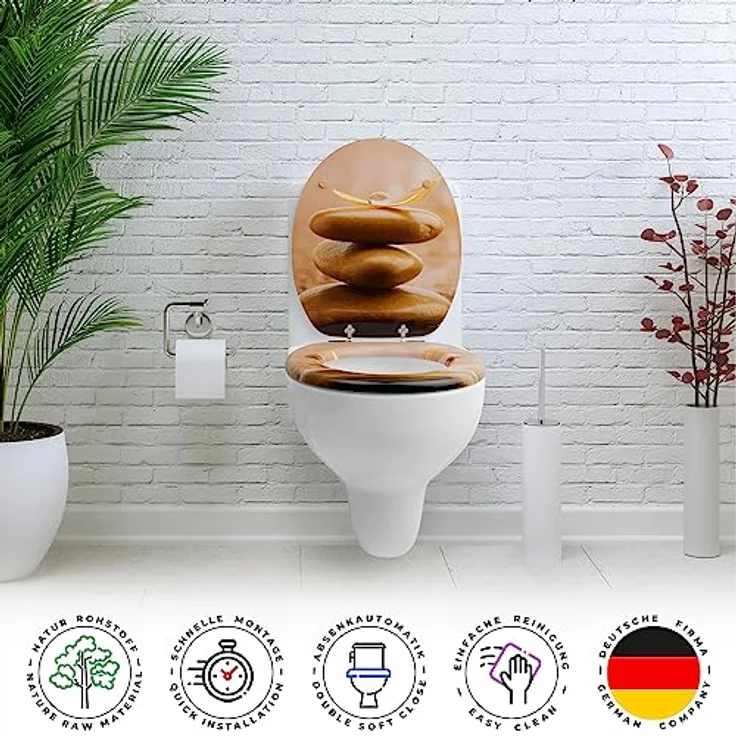 Sanfino WC Sitz Balance, Toilettendeckel aus Holz mit Absenkautomatik und braunem Stein-Motiv, 43,5 x 37,5 cm – Bild 4