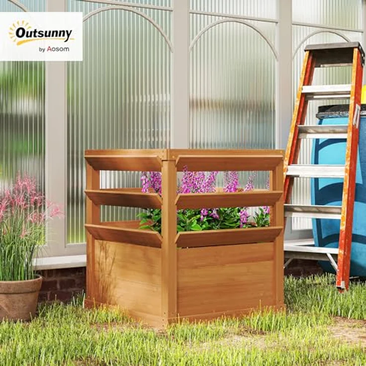 Outsunny Hochbeet mit Rankgitter, Tannenholz, offene Boden, 65 x 65 x 60 cm, Karamellbraun, für Garten und Balkon, ideal für Kletterpflanzen und Blumen – Bild 2