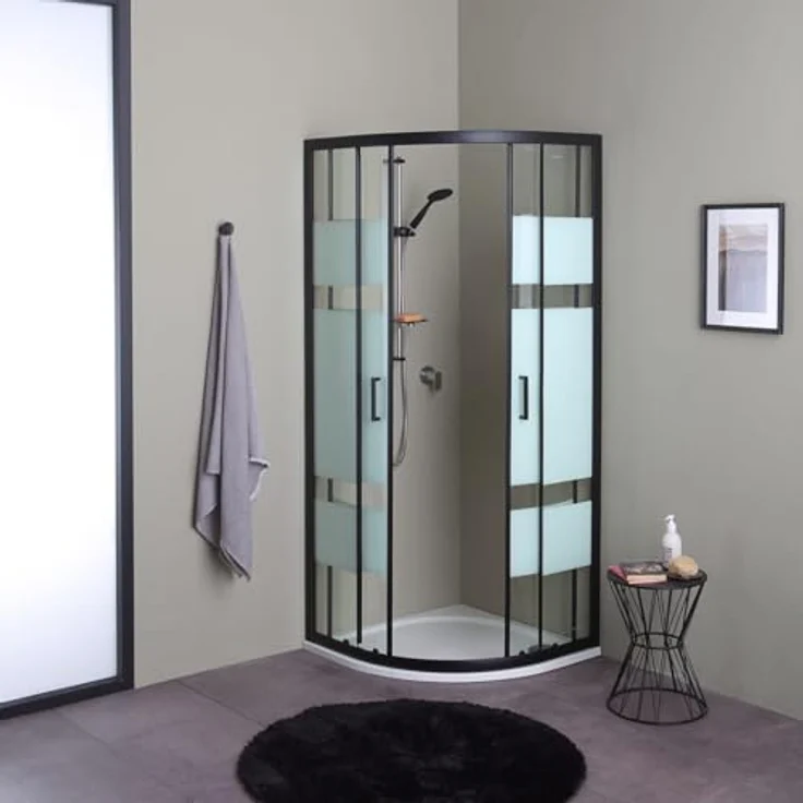 Kiamami Valentina Viertelkreis Duschkabine 80x80 cm, vollgerahmt mit Schiebetüren und Glasdekor Querstreifen, matt schwarz, Höhe 190 cm – Bild 2