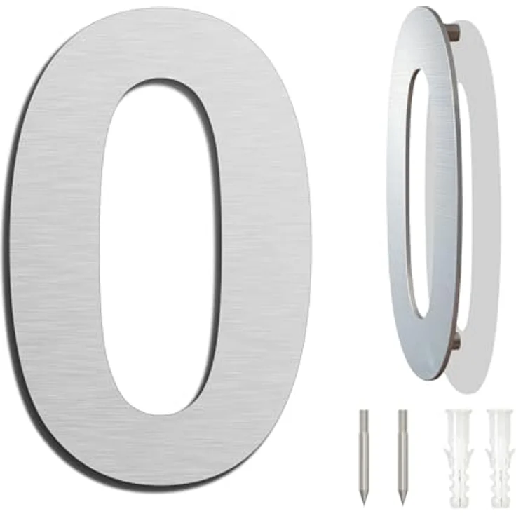Ywonoby Edelstahl Hausnummer Arial Ziffer 0, Wetterfest mit metallic mattem Silber Finish, Moderner schwebender Look, Höhe 102 mm, Einfache Installation – Bild 1