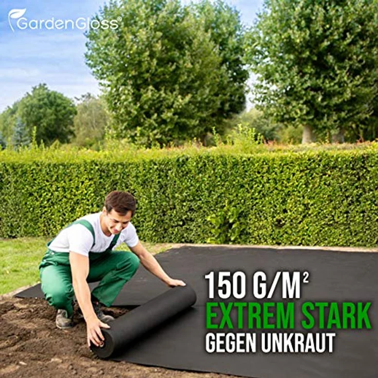 GardenGloss® 50m² Unkrautvlies Gartenvlies 150g/m² Extra Stark gegen Unkraut – Extrem Reissfest und Hohe UV-Stabilisierung – Unkrautfolie Wasserdurchlässig (50m x 1m, 1 Rolle) - Hohe Materialstärke für vielfältige Verwendungsmöglichkeiten – Bild 2