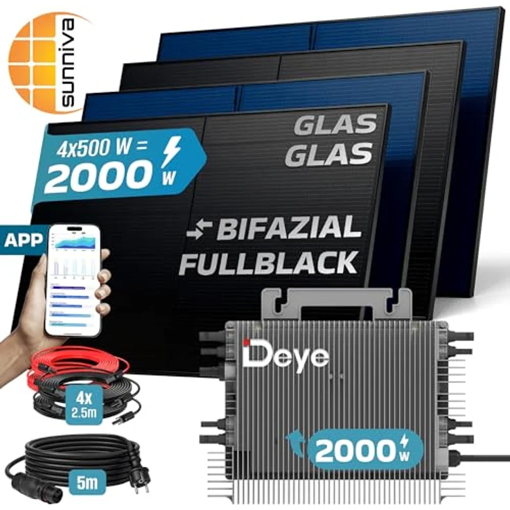 SUNNIVA® 2000W Balkonkraftwerk Bifazial Fullblack, 4x 500W N-Type Glas-Glas Solarmodule, 2000W Wechselrichter, steckerfertiges Solaranlage Komplettset mit 5m Kabel – Bild 2
