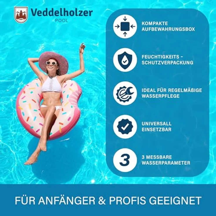 Veddelholzer 3-in-1 Pool Teststreifen, 150 Stück zur pH-Wert, Freies Chlor & Alkalinität Messung für Pool, Whirlpool & Spa – Bild 2