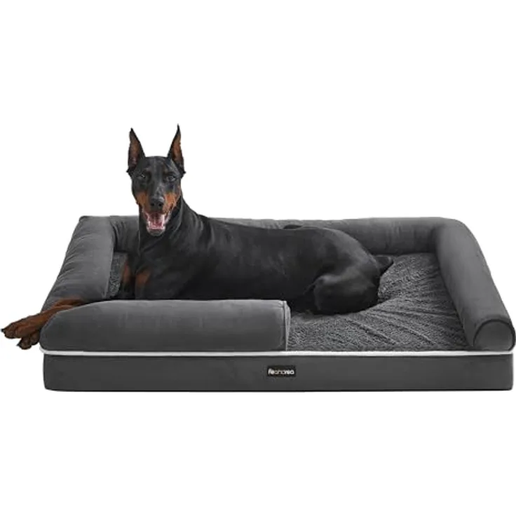Feandrea Orthopädisches Hundebett, Hundekissen, Hundekorb, weiche Polsterung, erhöhte Ränder, abnehmbar und waschbar, 120 x 85 x 20 cm, rutschfeste Unterseite, dunkelgrau