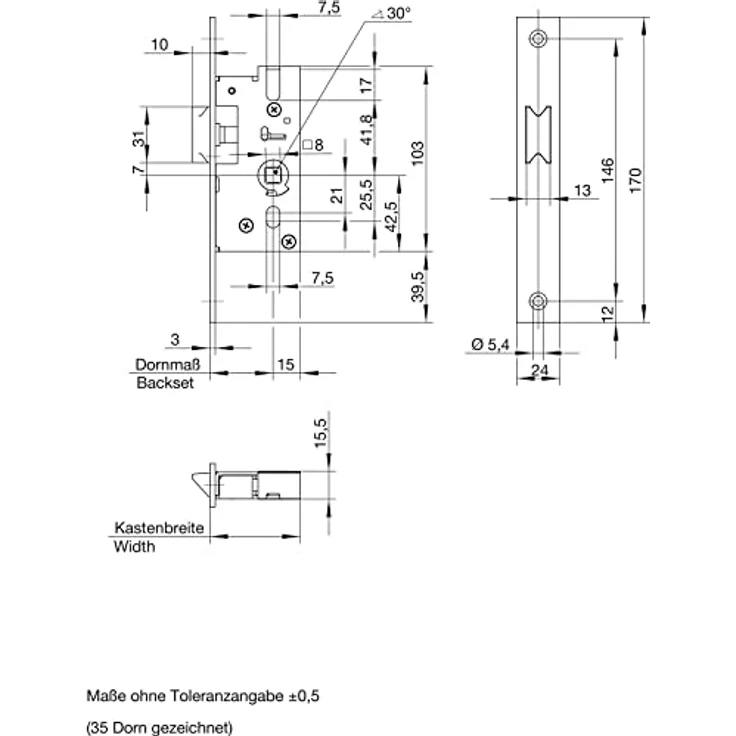 WILKA Rohrrahmen-Fallenschloss DM 30, Flachstulp 170 x 24 x 3 mm, Edelstahl matt, Dornmaß 30 mm – Bild 3