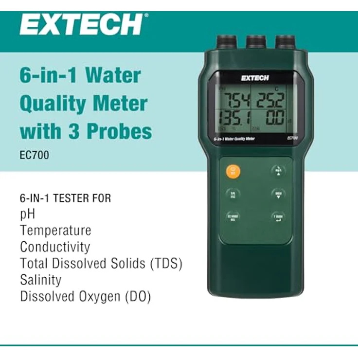 Extech EC700, 6-in-1 Wasserqualitätsmessgerät mit pH-Wert, Salinität und Leitfähigkeit, großes LCD-Display, 99 Speicherplätze – Bild 2