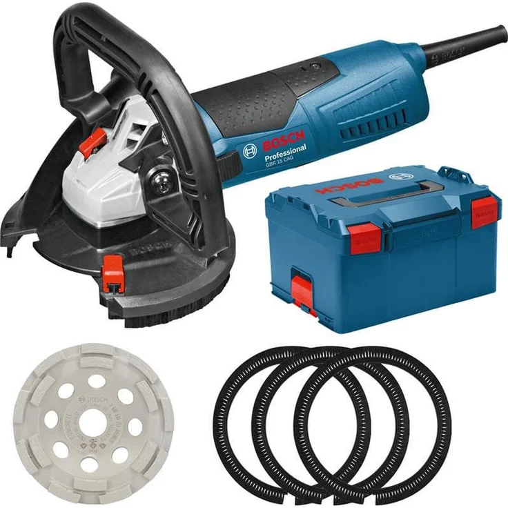 Bosch Professional Betonschleifer GBR 15 CAG (1.500 W Nennaufnahmeleistung, 9.300 min-1 Leerlaufdrehzahl, inkl. Diamanttopfscheibe 125 mm, 3 x Ersatzbürstenkranz, in L-Boxx) – Bild 1
