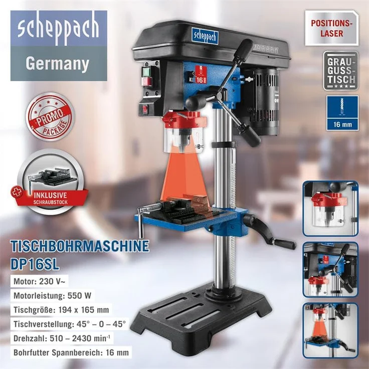 Scheppach Tischbohrmaschine DP16SL mit Schraubstock (550 W, Gusseisen-Kostruktion, 5 Geschwindigkeiten, Bohrfutter Spannbereich: 16mm, integrierter Laser, inkl. Schraubstock) - für Holz, Metall und alle gängigen Kuststoffe – Bild 6