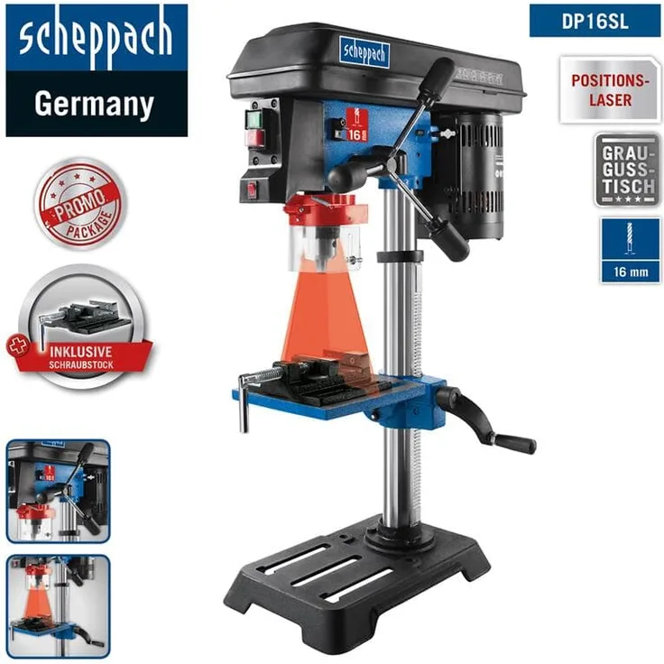 Scheppach Tischbohrmaschine DP16SL mit Schraubstock (550 W, Gusseisen-Kostruktion, 5 Geschwindigkeiten, Bohrfutter Spannbereich: 16mm, integrierter Laser, inkl. Schraubstock) - für Holz, Metall und alle gängigen Kuststoffe