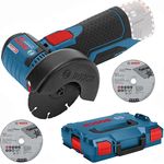 Bosch Professional 12V System Akku Winkelschleifer GWS 12V-76 (3 Trennscheiben, Scheibendurchmesser: 76 mm, ohne Akkus und Ladegerät, in L-BOXX)