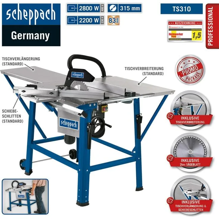 Scheppach Tischkreissäge TS310-230V | 2200 W | Sägeblatt- 315mm | Schnitthöhe 83 mm | inkl. Tischverbreiterung, 2. Sägeblatt, Führungsschiene und Schiebeschlitten | schwenkbar bis 45°