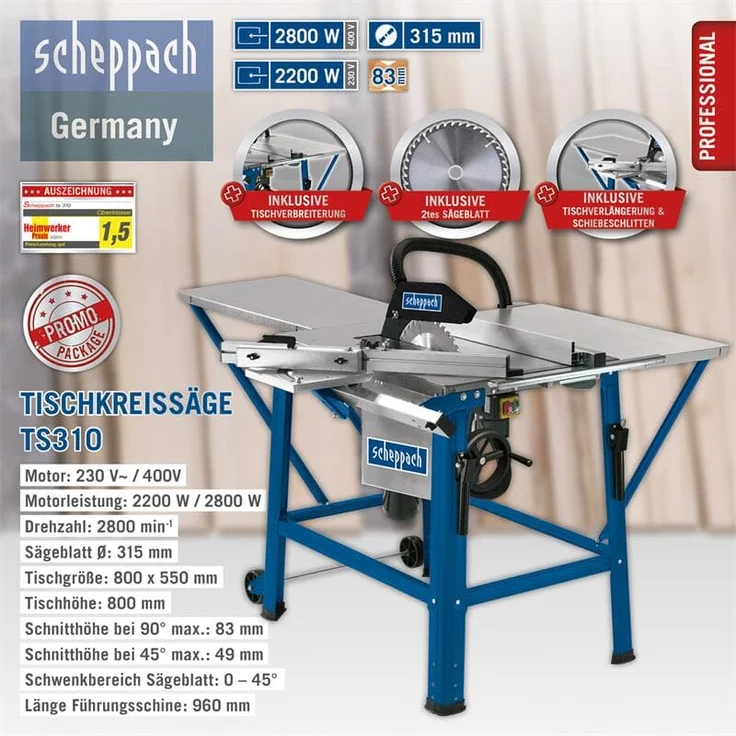 Scheppach Tischkreissäge TS310 | 400V Anschluss | 2800W Leistung | Sägeblatt Ø315mm | Schnitthöhe 83 mm | mit Tischverbreiterung, 2. Sägeblatt, Führungsschiene & Schiebeschlitten | schwenkbar bis 45° – Bild 3