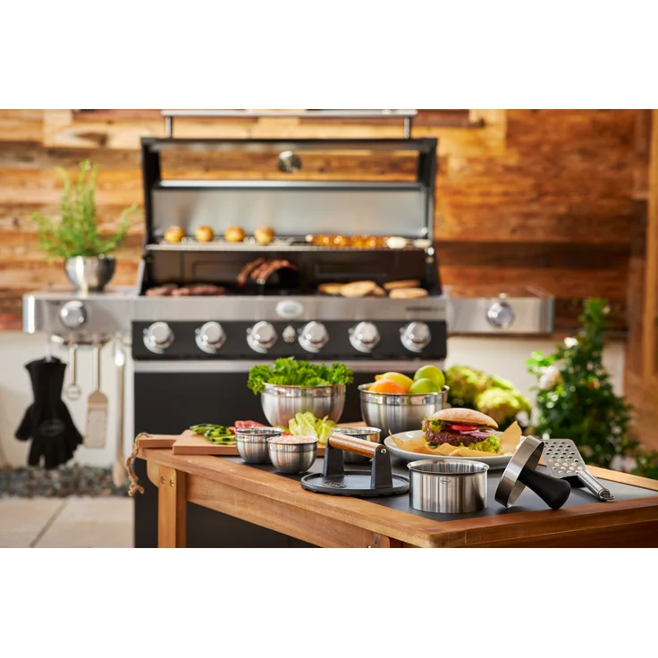 RÖSLE Barbecue Burger-Set 3-tlg, Hochwertiges Burger-Set mit Burgerpresse Pro, Barbecue-Gewicht und Burgerwender, Edelstahl 18/10, Gusseisen emailliert – Bild 2