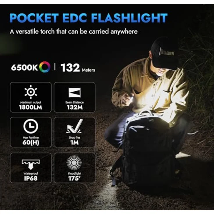 WUBEN E7 EDC-Taschenlampe, wiederaufladbar mit 1800 Lumen, 5 Modi, IPX8 wasserdicht, inkl. Magnet und Typ-C Ladekabel – Bild 2