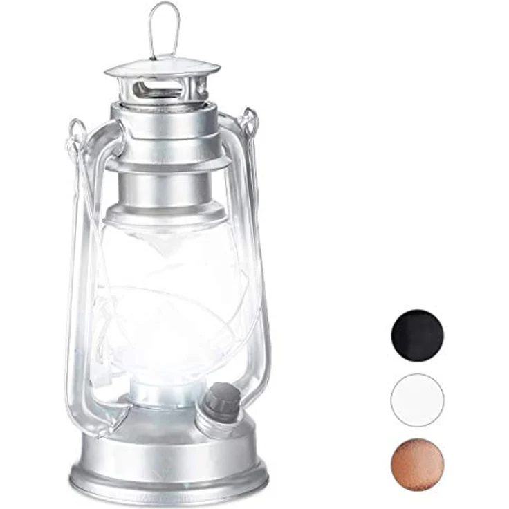 Relaxdays Sturmlaterne LED, Retro Sturmlampe als Fensterdeko oder elektrische Gartenlaterne, batteriebetrieben, Silber – Bild 1