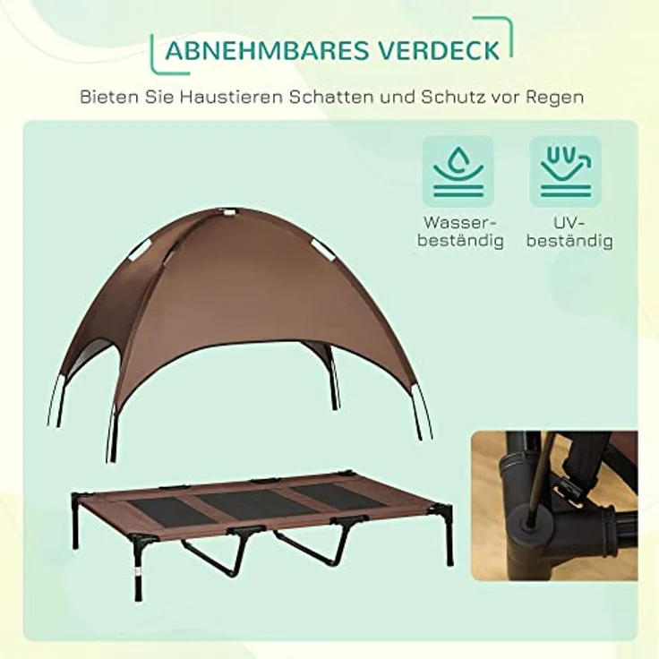 Pawhut Haustierbett mit Baldachin, Erhöhtes Hundebett, Hundeliege Outdoor mit Dach, Atmungsaktiv, Taftstoff Kaffee 122 x 92 x 108 cm – Bild 5