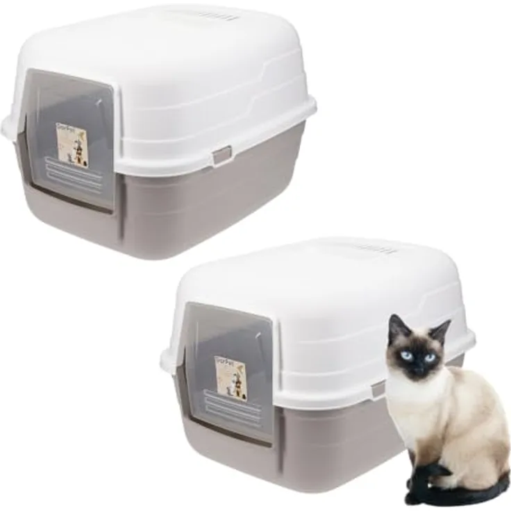 GarPet 2X Katzenklo mit Deckel - Kippbare Haube - Aktivkohlefilter Katzentoilette grau