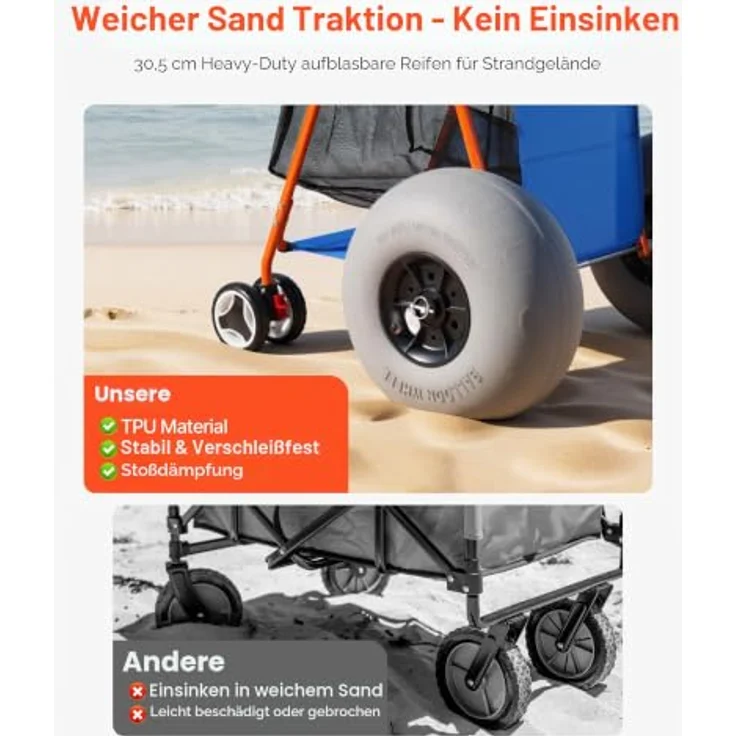 VEVOR Strandwagen mit Ballonreifen (12 Zoll), Faltbarer Strandtrolley mit Isoliertasche & Schirmhalter, 75 kg Tragkraft für bis zu 4 Strandstühle, ideal für Camping und Angeln – Bild 3
