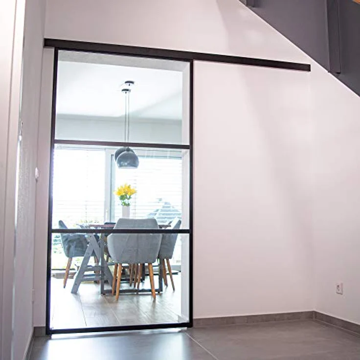 inova Glasschiebetür Komplettset 755x2035 mm, Loft Schiebetür aus schwarzem Sicherheitsglas mit Aluminium-Profil und 2-seitigem Softclose – Bild 2