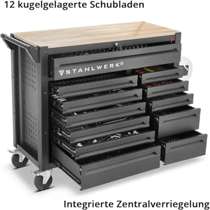 STAHLWERK Werkzeugwagen DINO, XXL Montagewagen mit 364 Werkzeugen aus CrV, inkl. T-Griff Schraubendreher, Schlüssel und Zangen – Bild 4